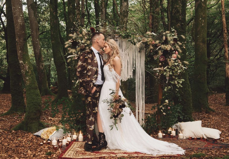 Lace Wedding Boots Leather Jackets and Macrame Decor in the Woods