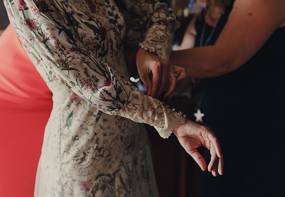 Bride in Floral Print Bespoke Wedding Dress with Silk, Tulle and Lace ...