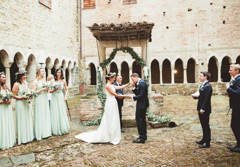 Mint Green White Outdoor Ceremony in a Monastery Cloister Elegant Reception at Castello Ramazzao Castle Italy