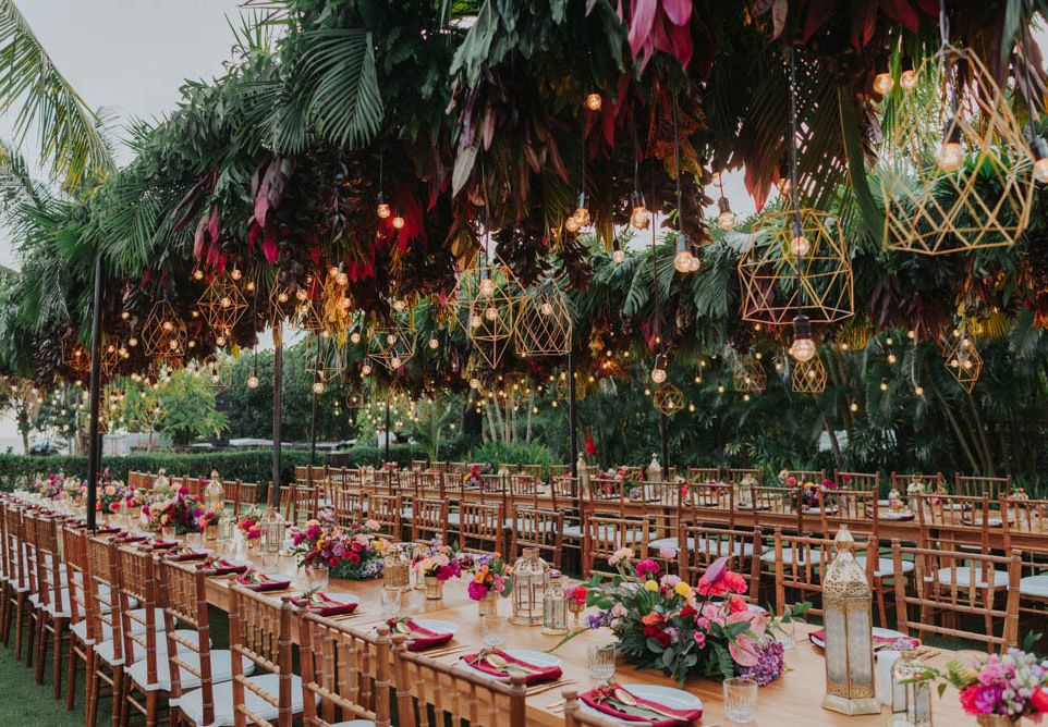 Bali Wedding Venue With Tropical Bright Flower & Light Installation ...