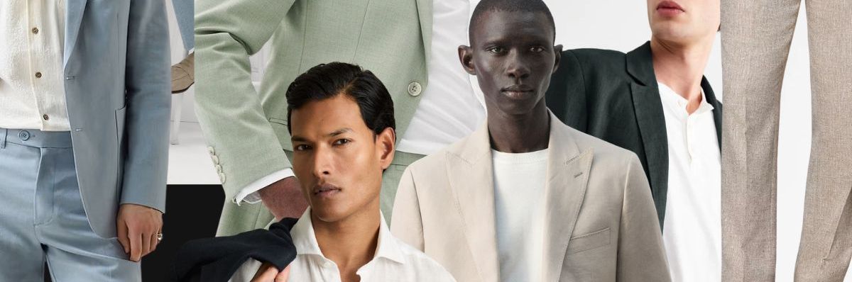 Collage edit of the best spring wedding suits for men to shop by Rock My Wedding
