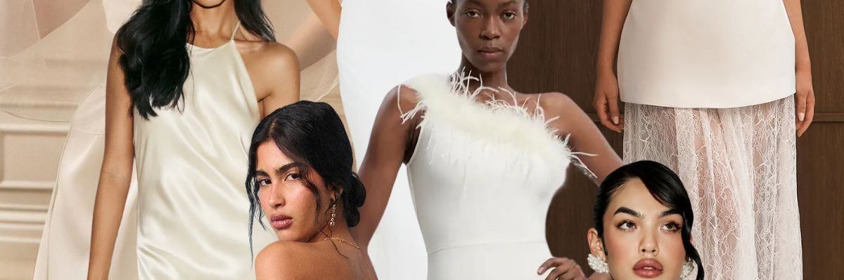 Collage edit of the best high street wedding dresses, including Six Stories, Odd Muse and more