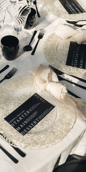 monochrome black and white wedding place setting 