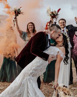 Smoke bomb portrait at Milling Barn wedding.