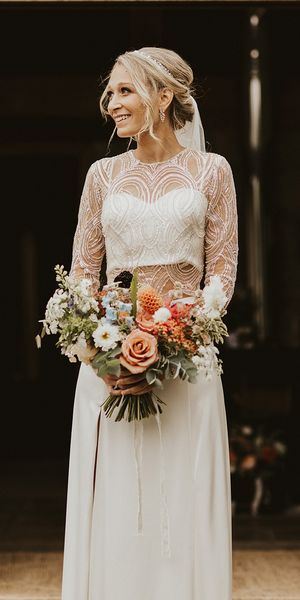 Bride in Catherine Dean wedding dress separates for chic Nancarrow Farm wedding.