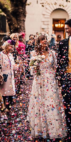Crypt On The Green wedding with bright confetti exit