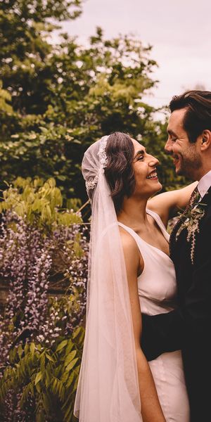 Satin bridal gown and Juliet wedding veil for an intimate town hall wedding  ceremony and pub reception 