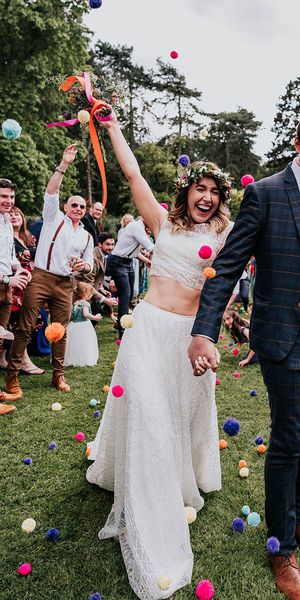 Wedding fest in Loughborough with a pom pom confetti exit!