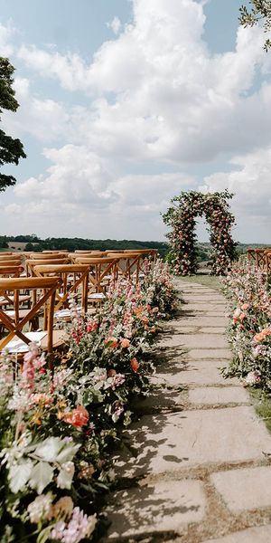wedding aisle decor for outdoor wedding at Botley Hill Barn.