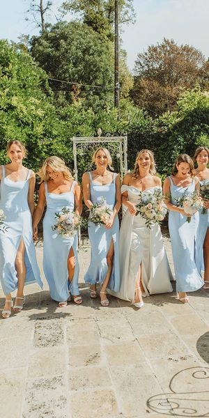 Powder blue bridesmaid dresses at destination wedding in France