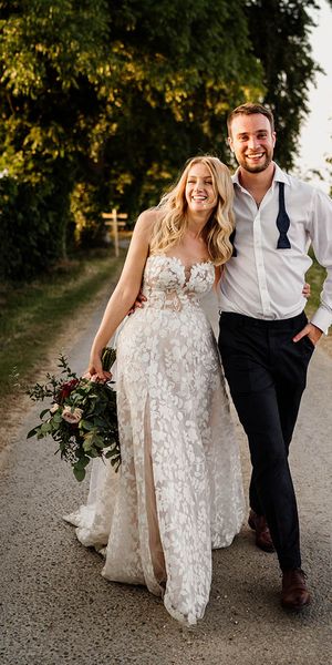 Strapless lace Lillian West wedding dress for barn wedding 