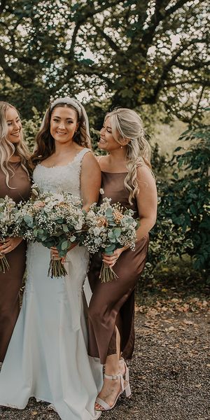 bride and bridesmaids in brown bridesmaid dresses at Chycara wedding