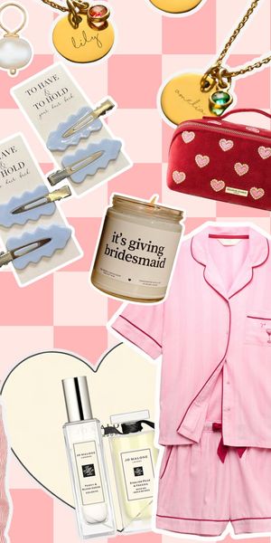 Collage of bridesmaid gift ideas including jewellery, beauty sets, personalised items and wedding-morning gifts.