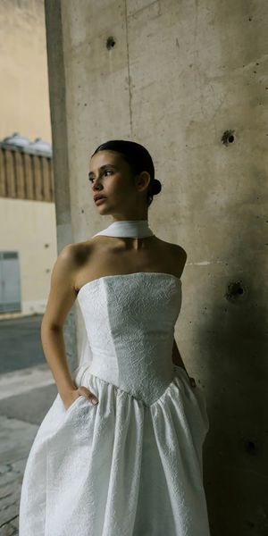 Rolling In Roses designer sustainable wedding dress with drop waist and scarf