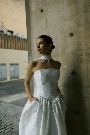 Rolling In Roses designer sustainable wedding dress with drop waist and scarf