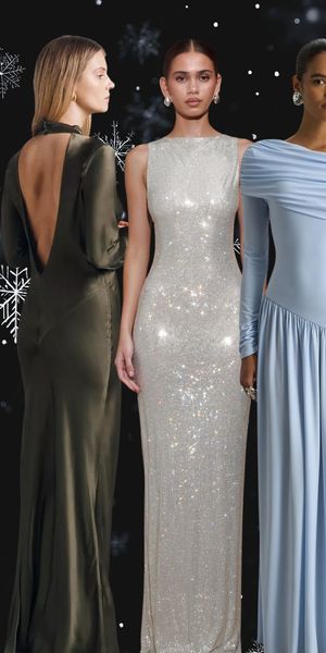 Winter bridesmaid dresses collage featuring jewel tones, satin, long sleeves, and festive metallics. 