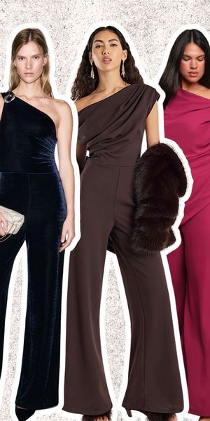 Collage of the best wedding guest jumpsuits, including wide-leg, petite and plus-size styles.