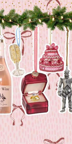 Christmas garland decorated with baubles, personalised ornaments, and festive decorations for brides, newlyweds, and engaged couples