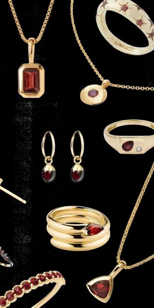 Collage of the best Garnet January birthstone jewellery to shop