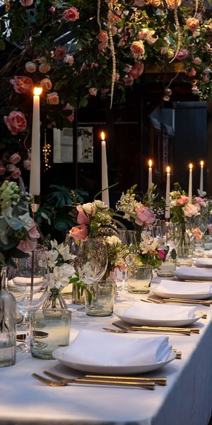 Beautiful botanical tablescape at The Greenhouses, Marylebone, engagement party venue