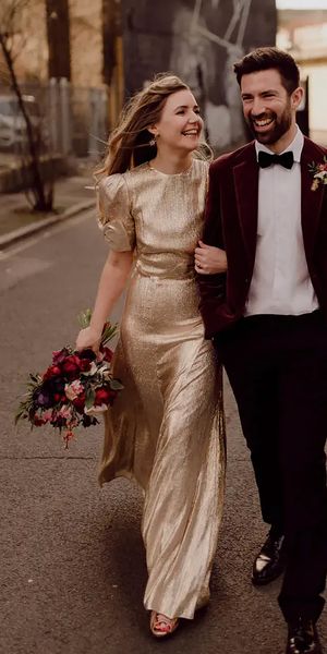 Bride wearing golden wedding dress