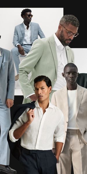 Collage edit of the best spring wedding suits for men to shop by Rock My Wedding