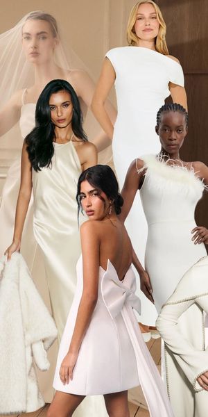 Collage edit of the best high street wedding dresses, including Six Stories, Odd Muse and more