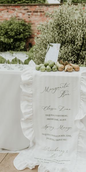 Fabric linen wedding bar sign with green striped bar menu sign