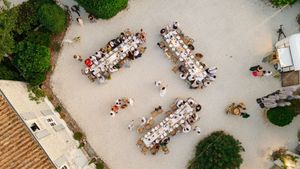 Over courtyard dining tables at Manoir de Beaulieu, by Ingrid Tjernstrom