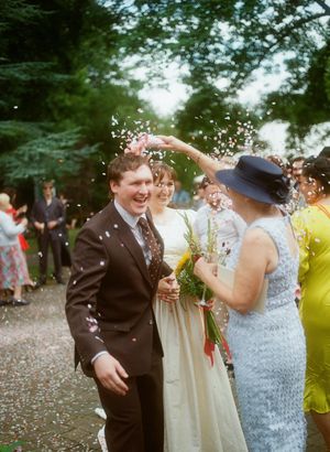 Film photography of a Joyful confetti throw