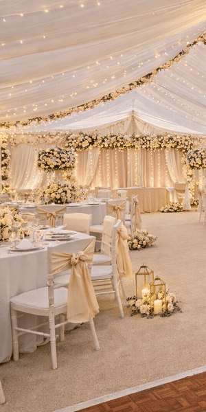 Elegant wedding marquee interior with ivory draping, chandeliers, warm ambient lighting, and gold Chiavari chairs, styled for a luxury wedding reception by NK Marquees