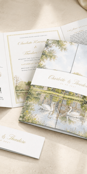 The signature wedding invitation featuring a watercolour of your own wedding venue