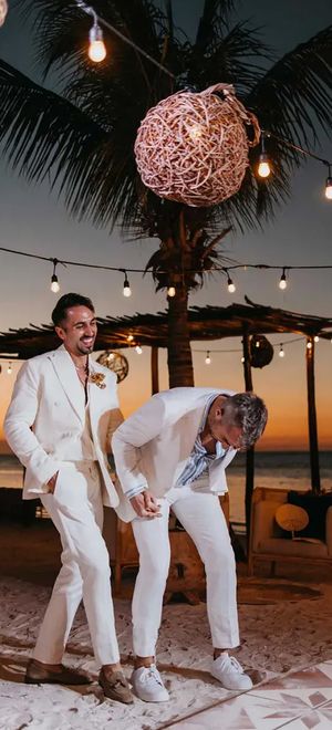 grooms in white summer wedding suits LuxArt Wedding Studio