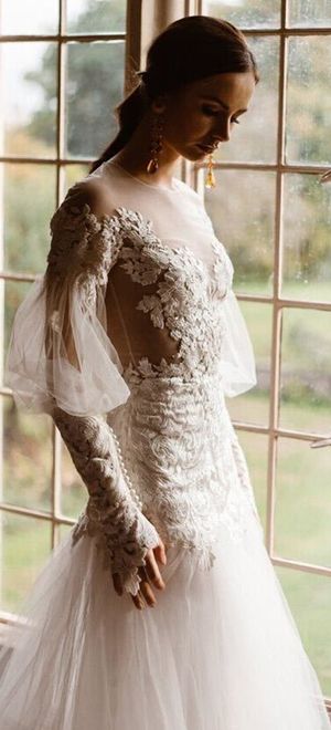 bride in Emma Beaumont dropped waist wedding dress