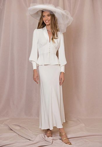 Two piece bridal separates from RIXO with matching satin shirt with sleeves and bias maxi shirt