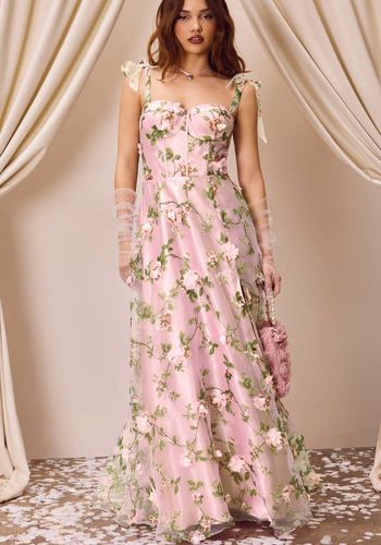 Bridgerton themed wedding dress code outfit idea for women from Cider - Sweetheart Floral Knotted Corset Tulle Maxi Dress