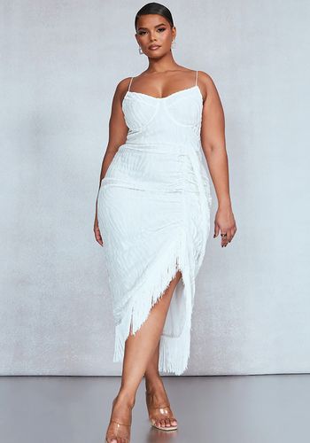 Plus size beach wedding dress from plt with tassle detailing and draped design