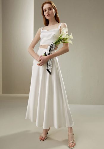 Bridal two piece satin wedding dress from LILYSILK with cropped top and flowy midaxi skirt