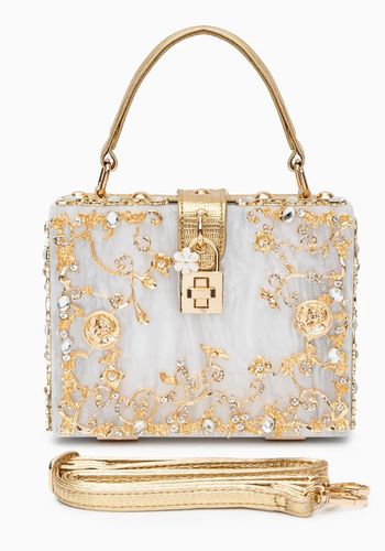 Acrylic box bridal handbag from Verano Hill with gold-plated floral embellishments