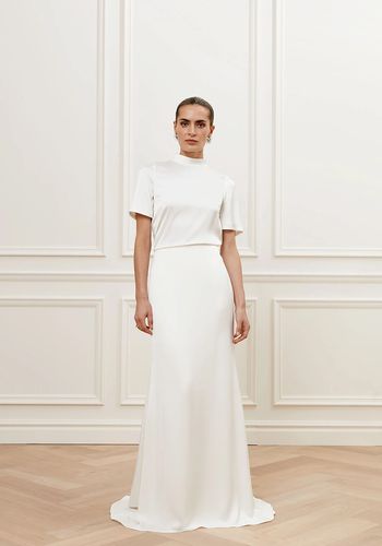 Two piece wedding dress from Malina with satin bias maxi skirt and matching t-shirt