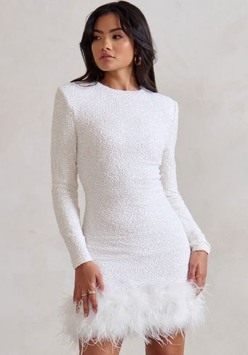 ClaudiaWhiteSequinHighNeckFeatherHemMiniDressWithLongSleeves.jpg