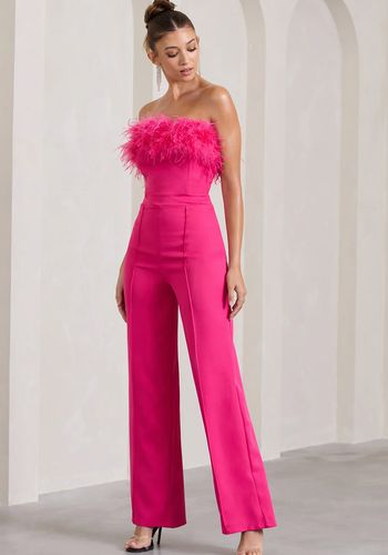 Hot pink bandeau jumpsuit with feather trim detail from Club L London