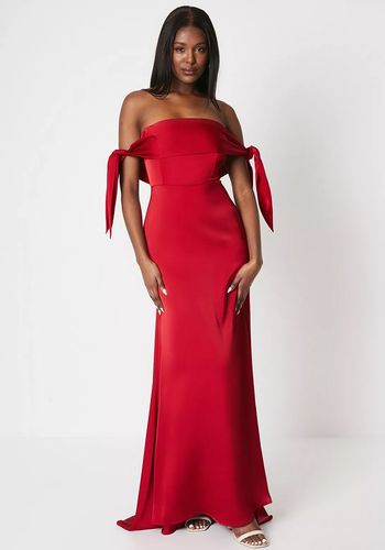 Black tie wedding guest dress idea from Coast - red satin maxi gown with bardot neckline 