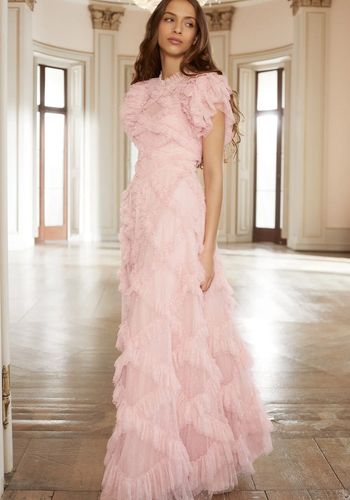 baby pink coloured wedding dress idea from Needle and Thread