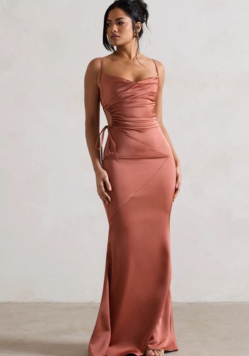 Burnt peach bridesmaid dress from Club L with cowl neck and cut out 