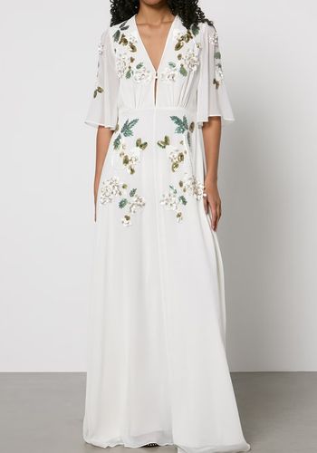 Embellished chiffon boho beach wedding dress with green, ivory and gold-tone sequins from Hope &amp; Ivory