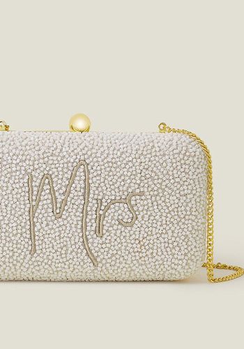 Hardcase bridal clutch from Assessorize with &quot;Mrs&quot; embroidered on the front 