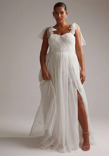 Embellished floral mesh beach wedding dress from Asos with tie straps in the Asos curve collection