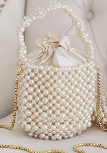 Mini bucket pearl bridal bag with gold chain strap and satin inside lining