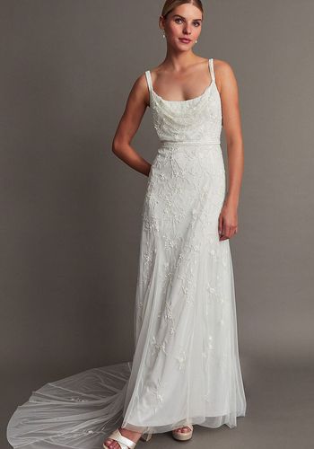 A line wedding dress from Monsoon for rectangle body types in ivory with cowl neckline and beading